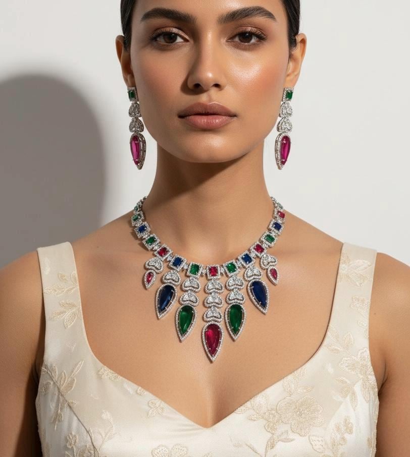 Multicolor CZ Statement Necklace & Earrings Set – Bridal Wedding Jewelry