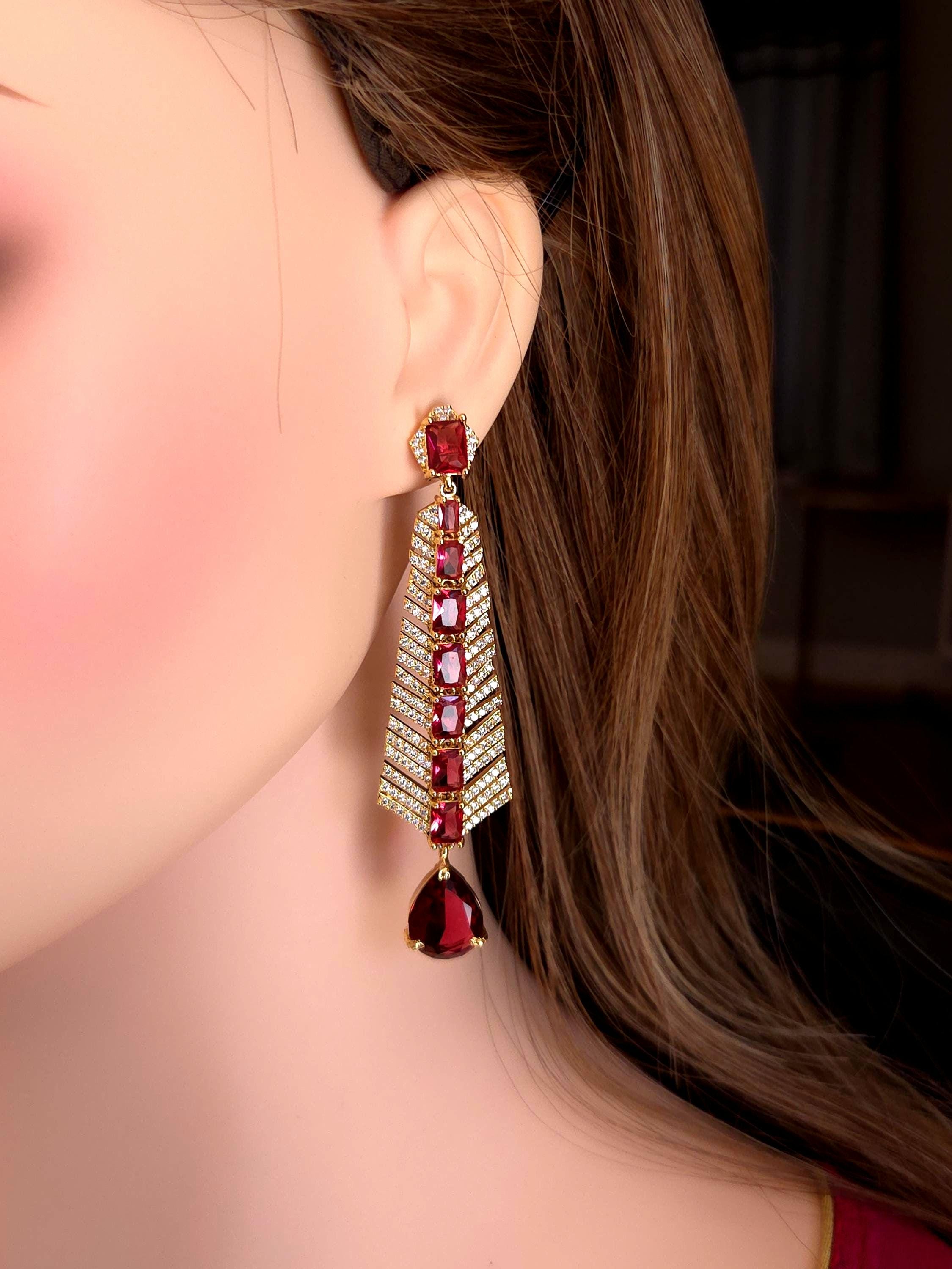 Gold Plated Ruby Red Dangle Earrings, CZ Accents, Bridal Statement Jewelry