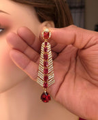 Gold Plated Ruby Red Dangle Earrings, CZ Accents, Bridal Statement Jewelry