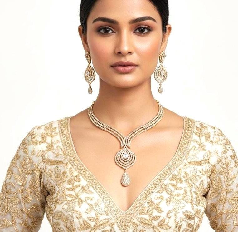 Layered V-Drop Necklace Set | Gold Plated CZ Bridal Jewelry