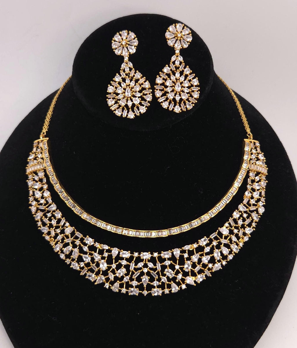 Gold Lattice CZ Necklace Set, Layered Bridal Chandelier Earrings, Wedding Lehenga Jewelry