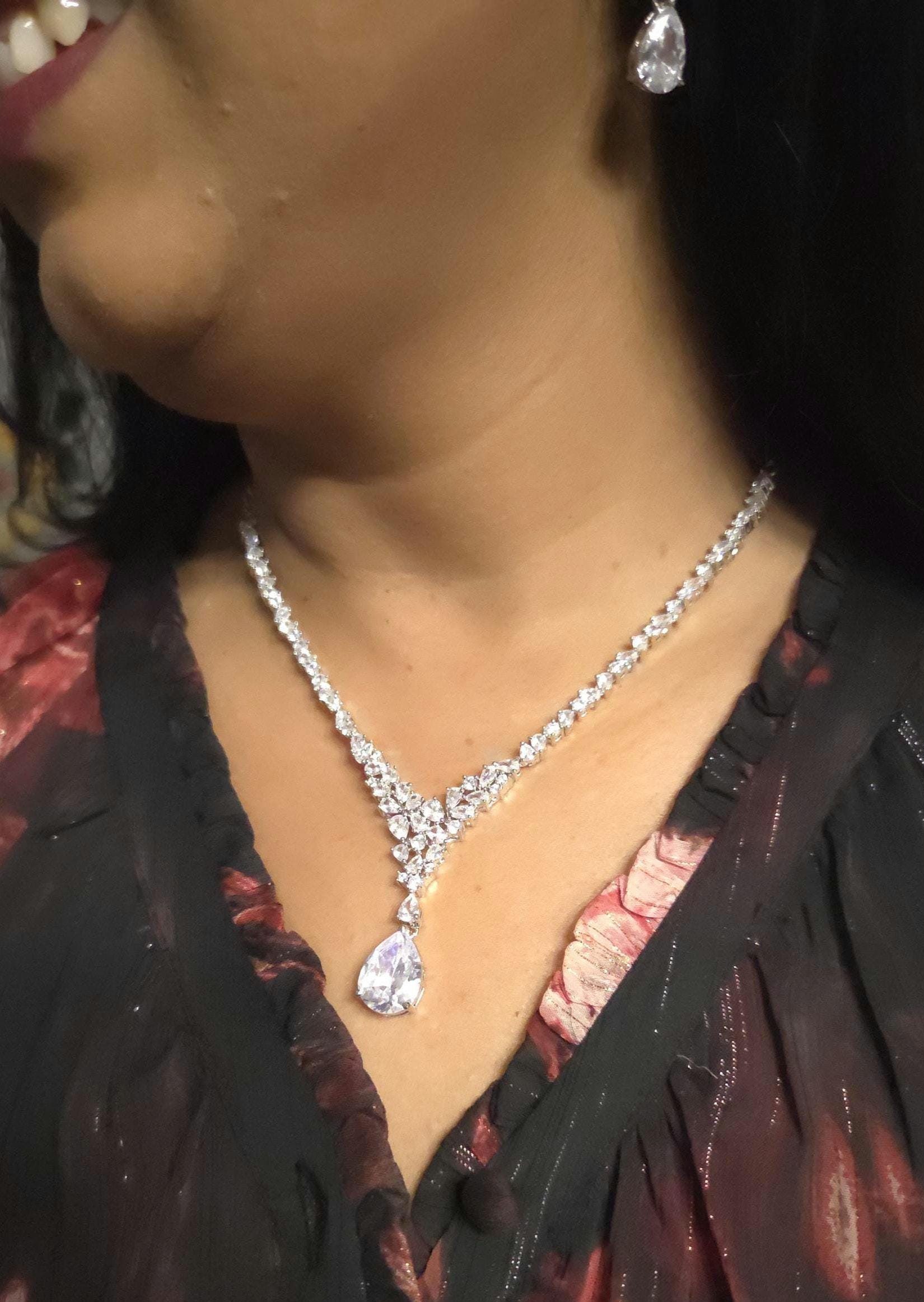 Teardrop Cubic Zirconia Y Necklace Set, Bridal Wedding Jewelry with Matching Earrings