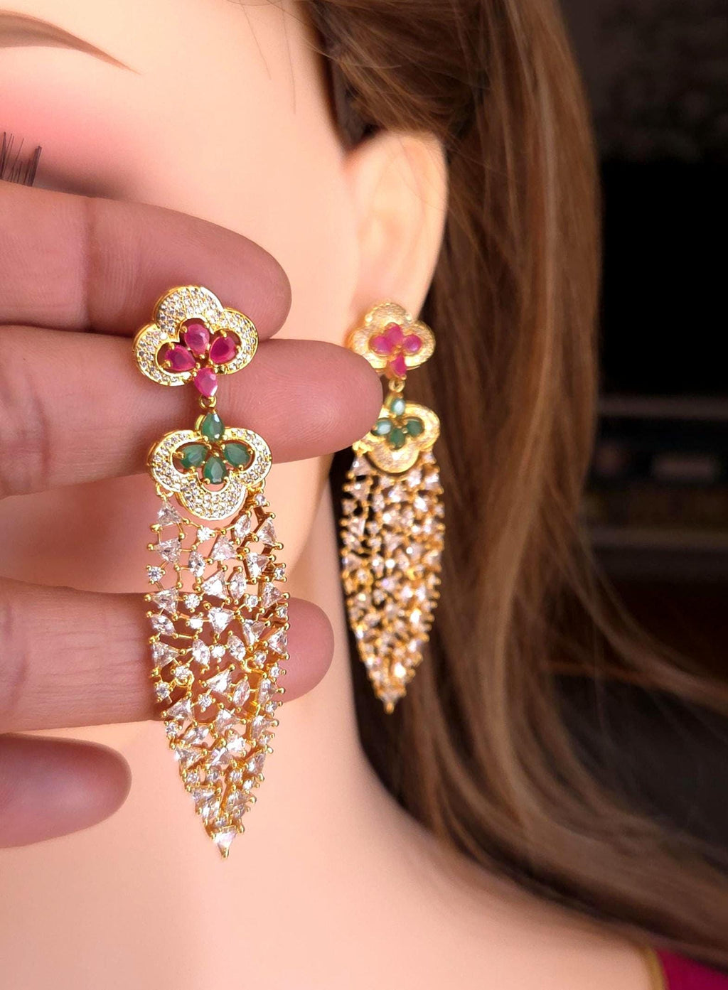 Gold Kundan Style Dangle Earrings, Pink Green Stone Bridal Jewelry