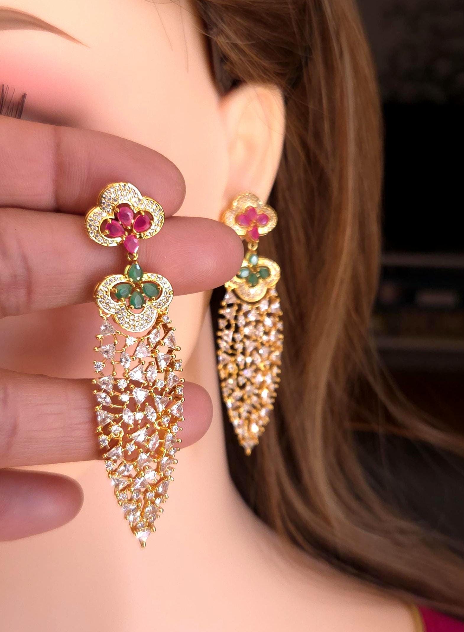 Gold Kundan Style Dangle Earrings, Pink Green Stone Bridal Jewelry