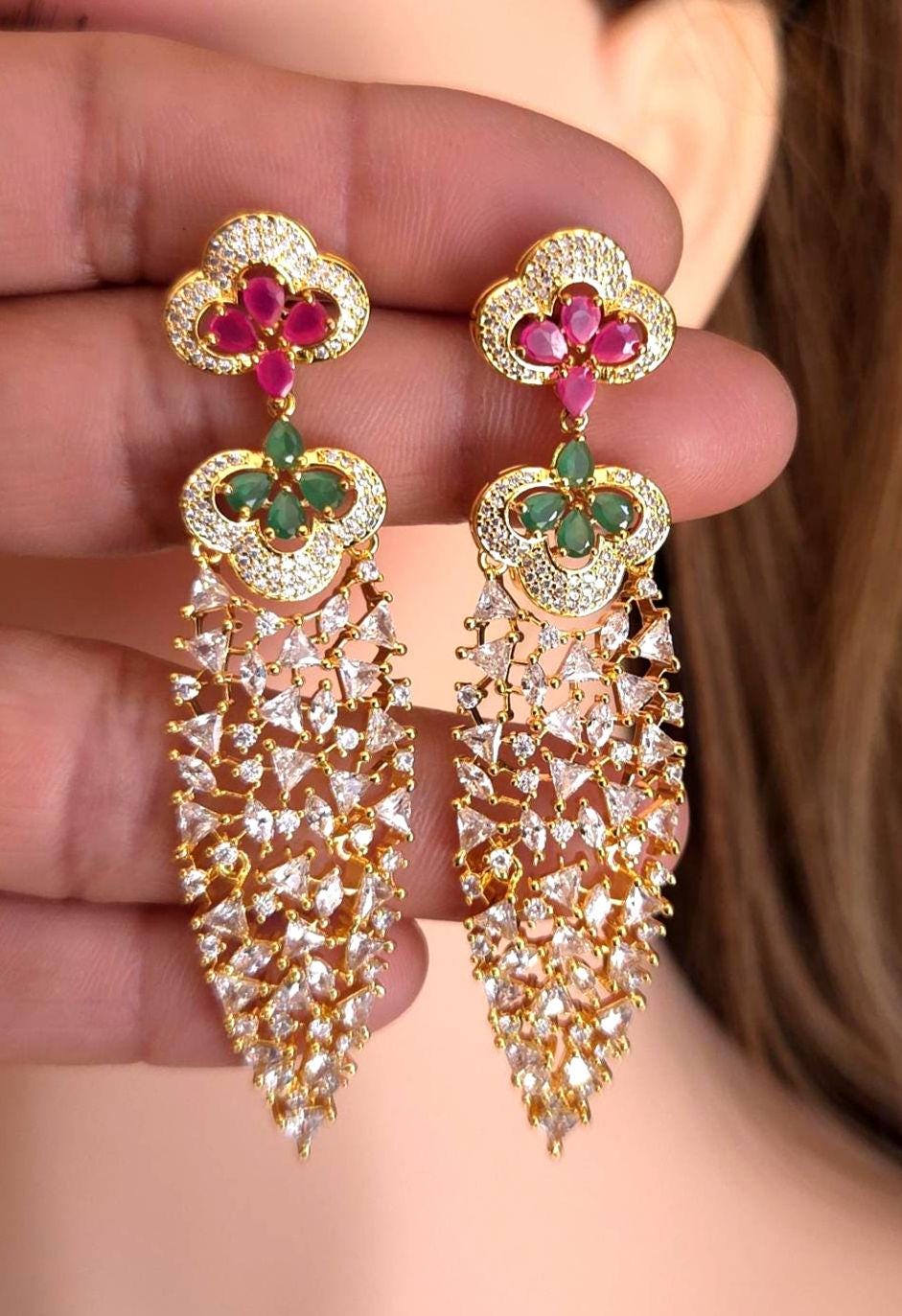 Gold Kundan Style Dangle Earrings, Pink Green Stone Bridal Jewelry