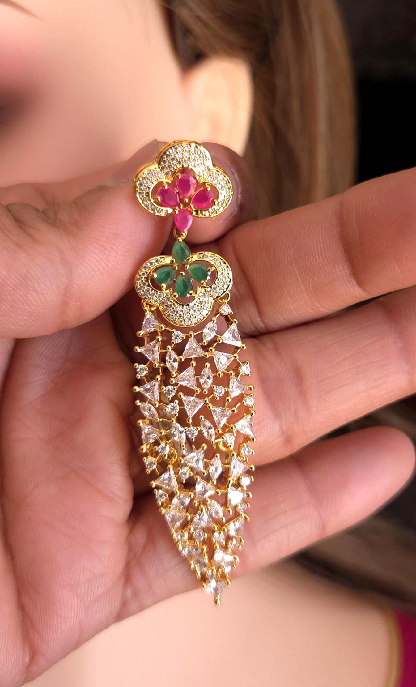 Gold Kundan Style Dangle Earrings, Pink Green Stone Bridal Jewelry