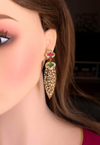 Gold Kundan Style Dangle Earrings, Pink Green Stone Bridal Jewelry