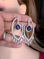 Silver Teardrop Chandelier Earrings in clear & blue CZ– Crystal CZ Bridal Wedding Jewelry