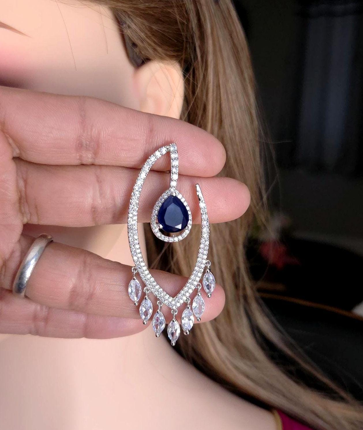 Silver Teardrop Chandelier Earrings in clear & blue CZ– Crystal CZ Bridal Wedding Jewelry