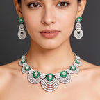 Emerald Green CZ Bridal Necklace Set | Silver Scalloped Statement Jewelry with Earrings