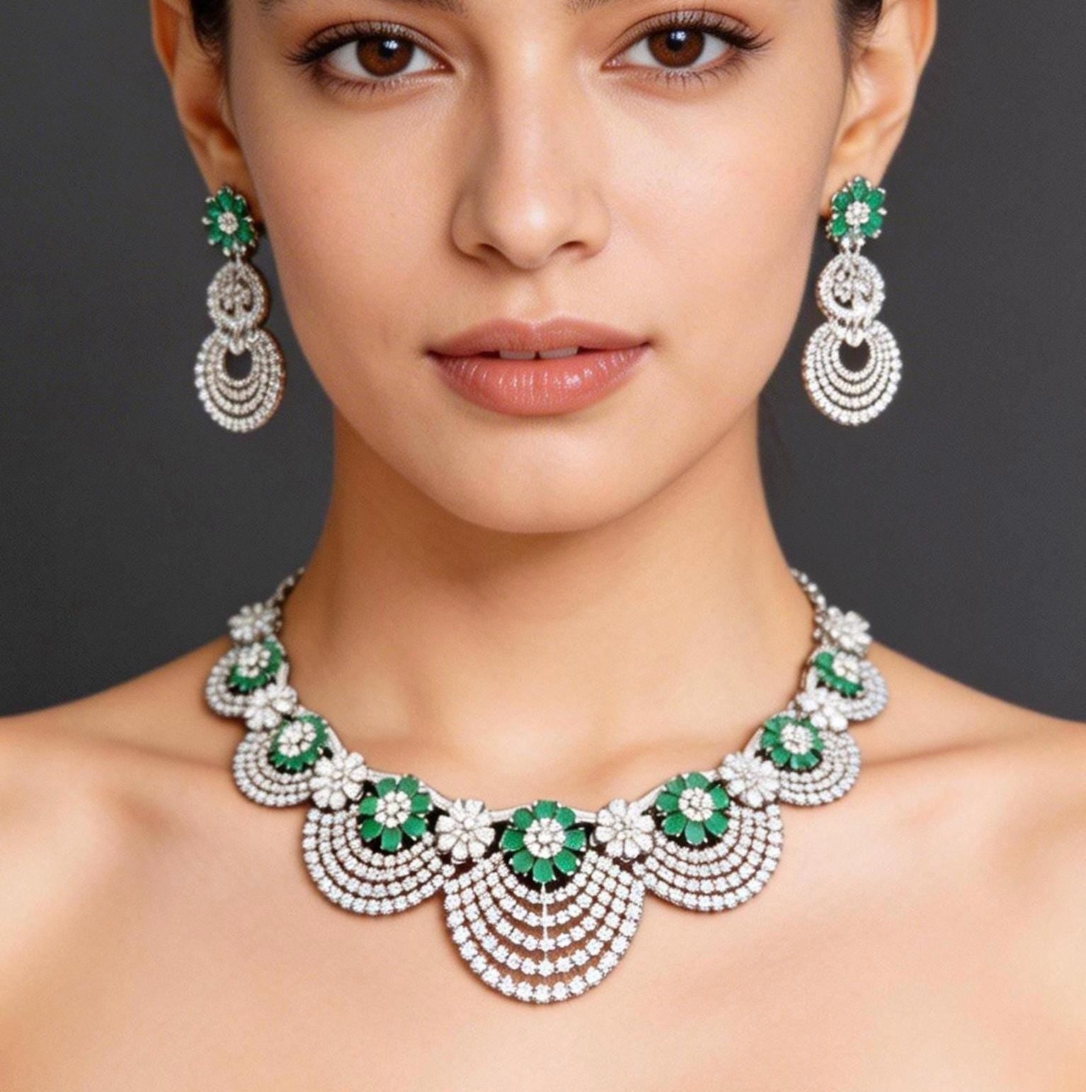 Emerald Green CZ Bridal Necklace Set | Silver Scalloped Statement Jewelry with Earrings