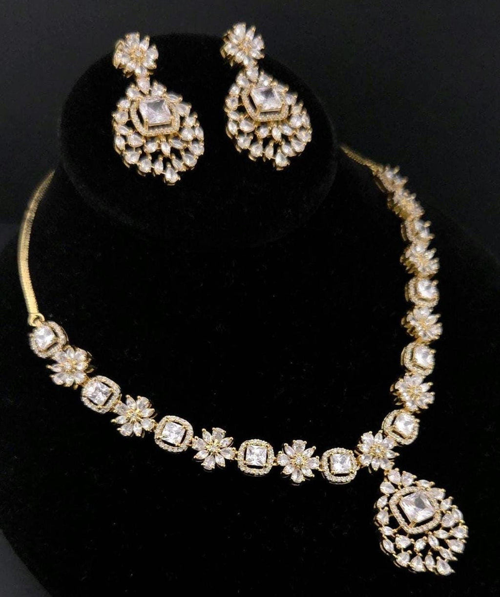 Gold Plated CZ Halo Pendant Necklace Set with Matching Earrings, Bridal Jewelry
