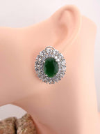 Oval Halo CZ Stud Earrings – Bridal Wedding Jewelry, Gold & Silver Tone, Green or Clear