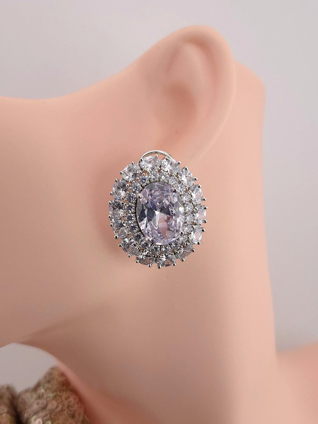 Oval Halo CZ Stud Earrings – Bridal Wedding Jewelry, Gold & Silver Tone, Green or Clear