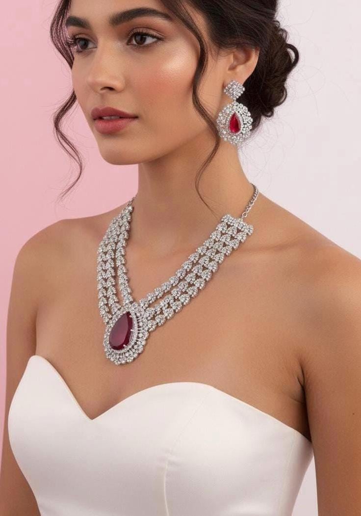 Ruby Red Layered CZ Necklace Set | Silver Plated Bridal Statement Jewelry