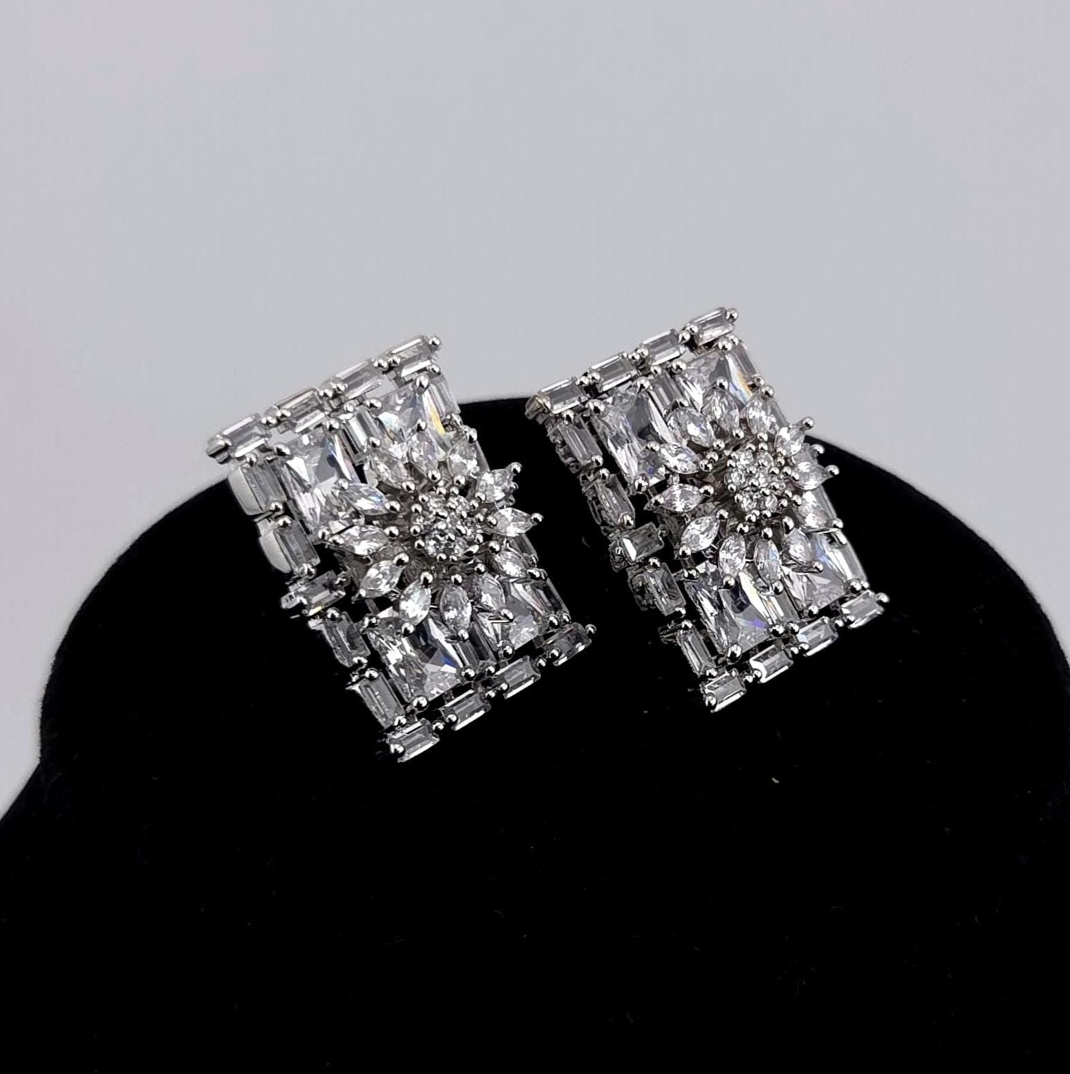 Rectangle CZ Stud Earrings – Geometric Bridal Statement, Blue, Champagne or Clear