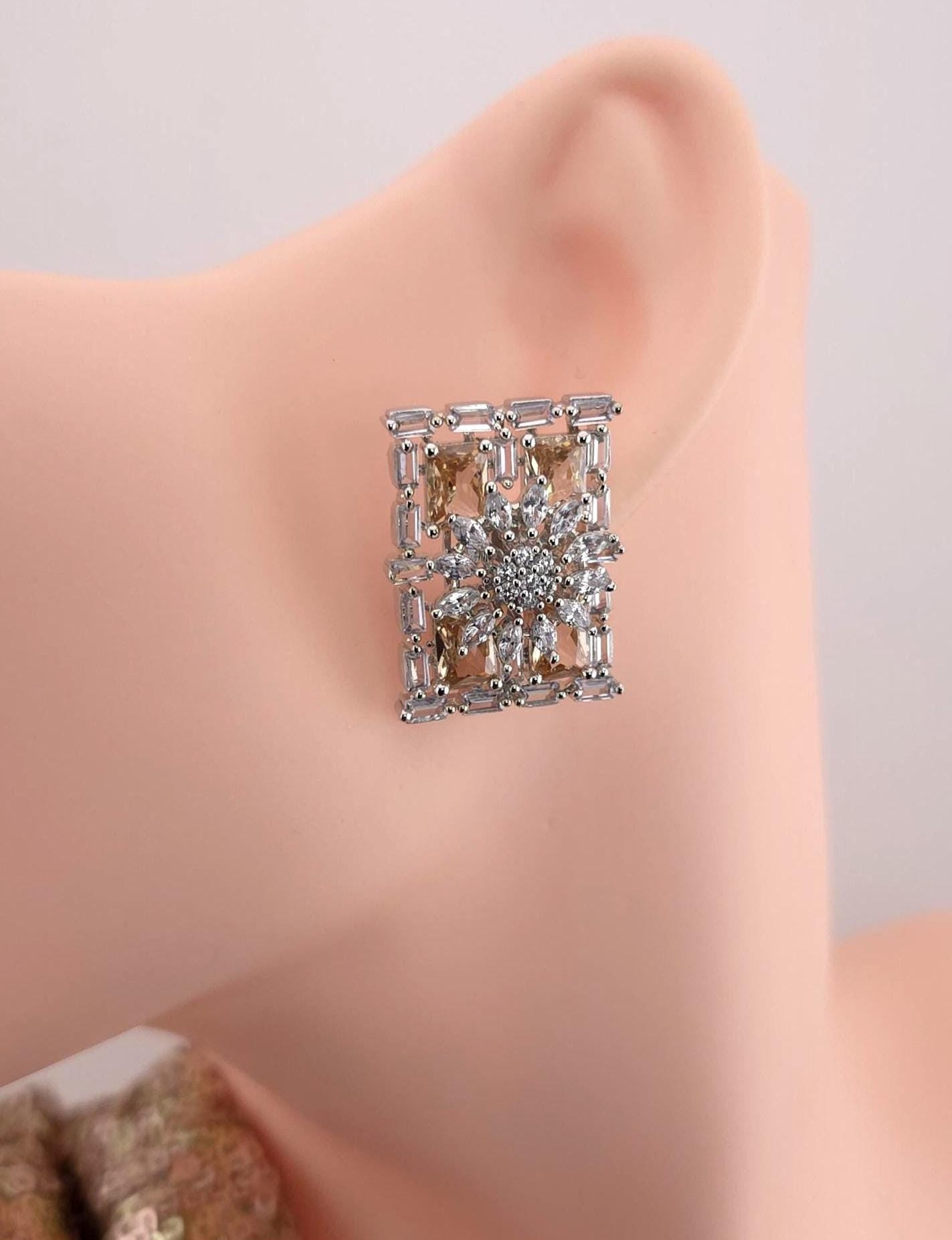 Rectangle CZ Stud Earrings – Geometric Bridal Statement, Blue, Champagne or Clear