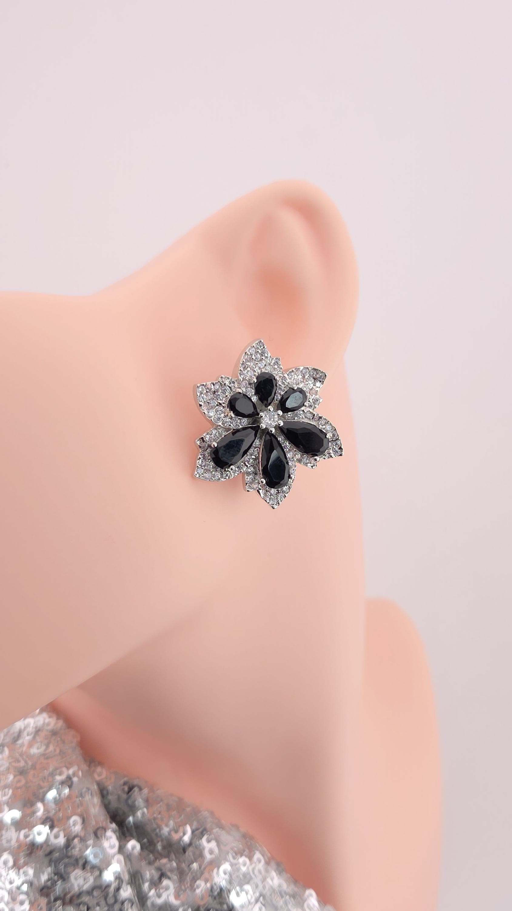 Floral CZ Statement Stud Earrings – Silver Plated, Red or Black Bridal Jewelry