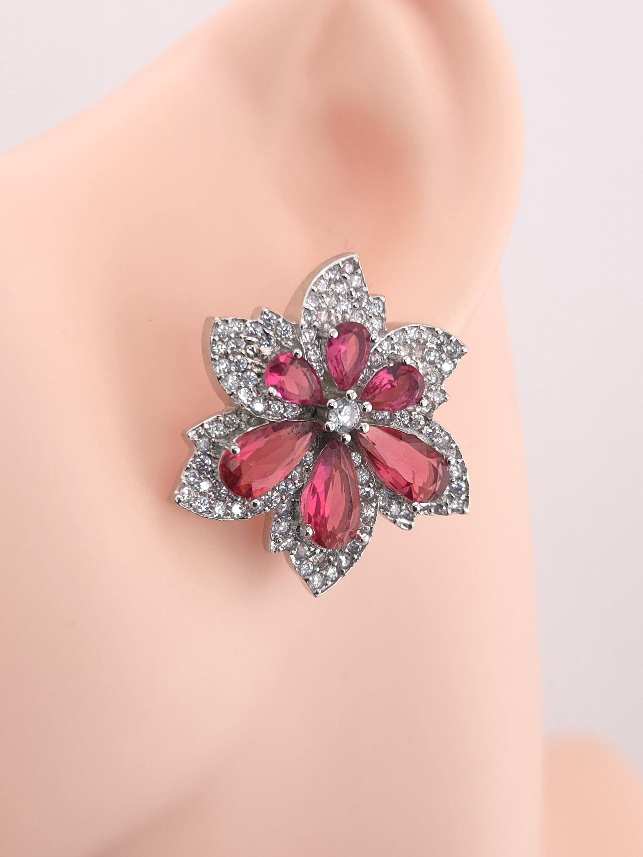 Floral CZ Statement Stud Earrings – Silver Plated, Red or Black Bridal Jewelry