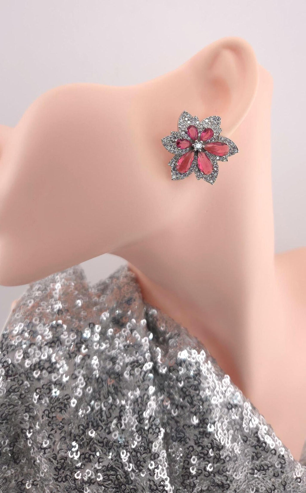 Floral CZ Statement Stud Earrings – Silver Plated, Red or Black Bridal Jewelry