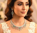 Silver Plated Heart CZ Necklace and Earrings Set, Bridal Diamond-Look Jewelry Royal Blue & Mint Green Pink