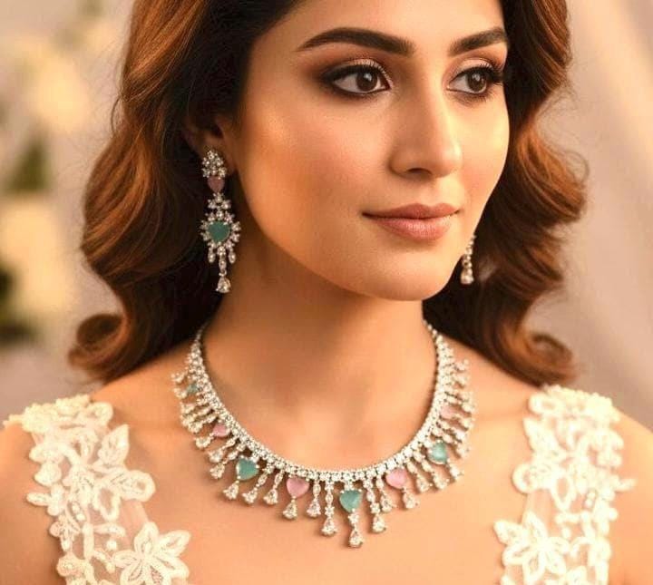 Silver Plated Heart CZ Necklace and Earrings Set, Bridal Diamond-Look Jewelry Royal Blue & Mint Green Pink