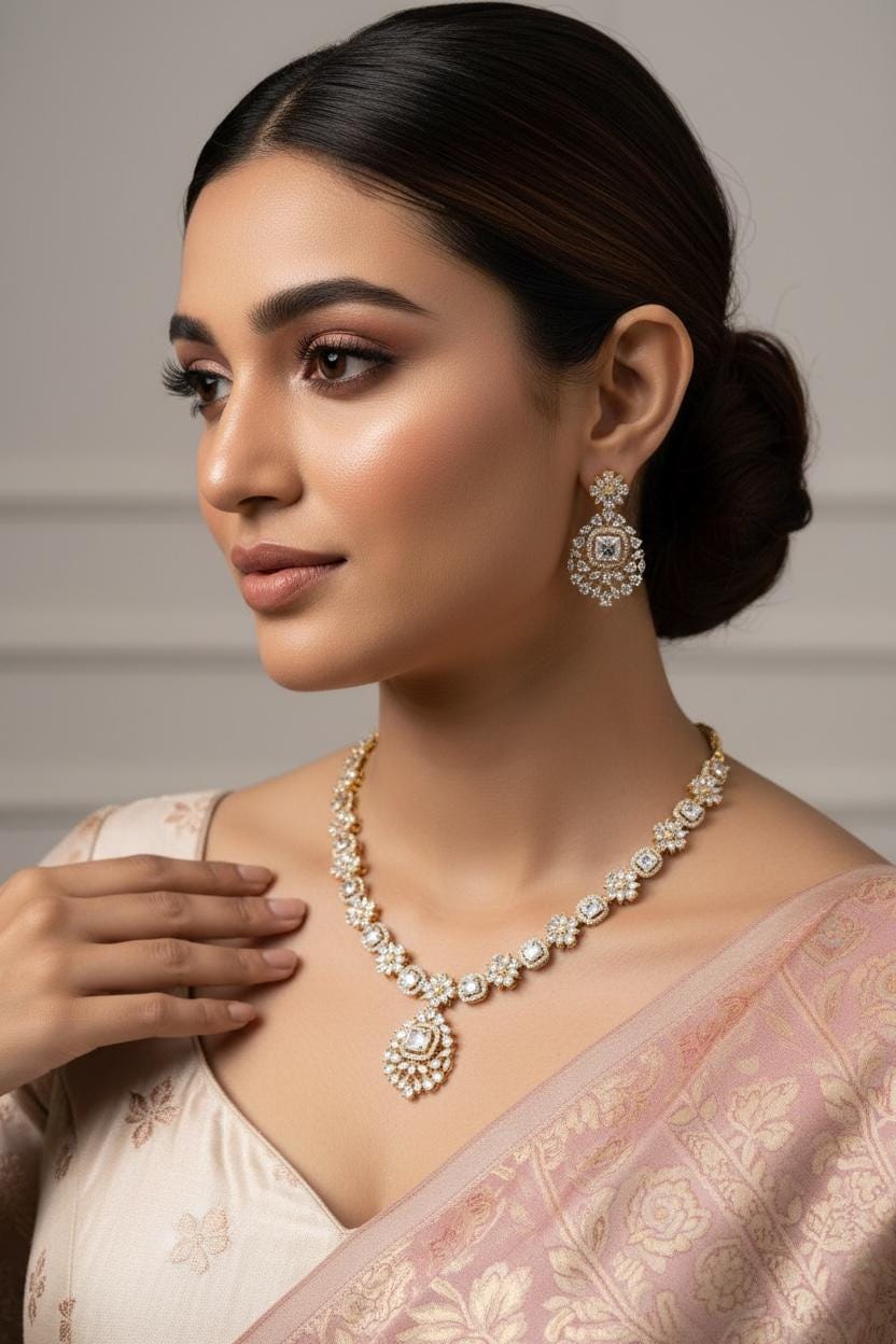 Gold Plated CZ Halo Pendant Necklace Set with Matching Earrings, Bridal Jewelry
