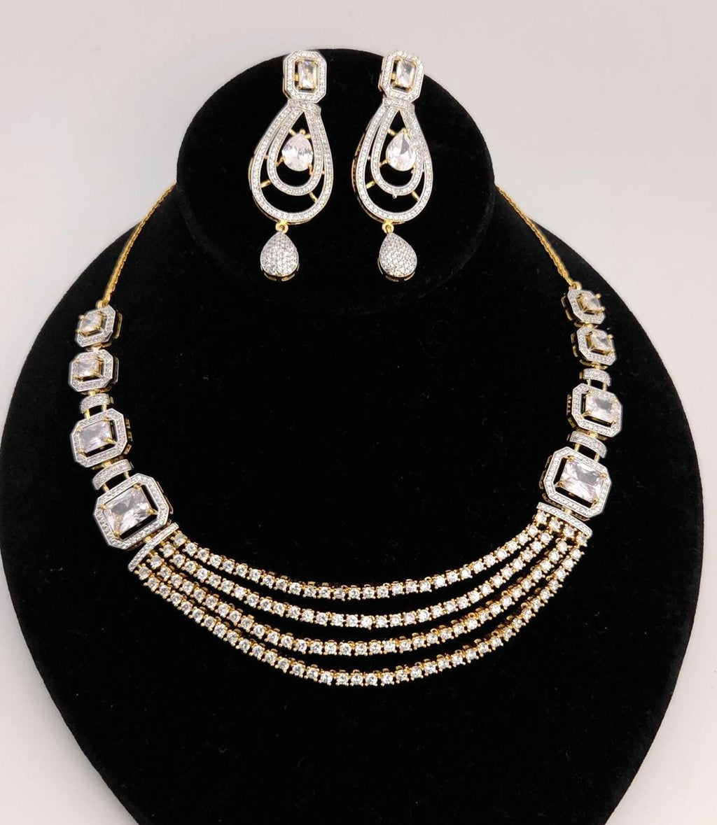 Geometric CZ Bridal Necklace & Earrings Set – Gold Plated Statement Indian Wedding Jewelry