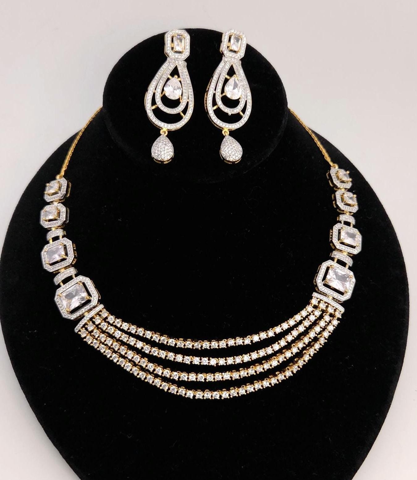 Geometric CZ Bridal Necklace & Earrings Set – Gold Plated Statement Indian Wedding Jewelry