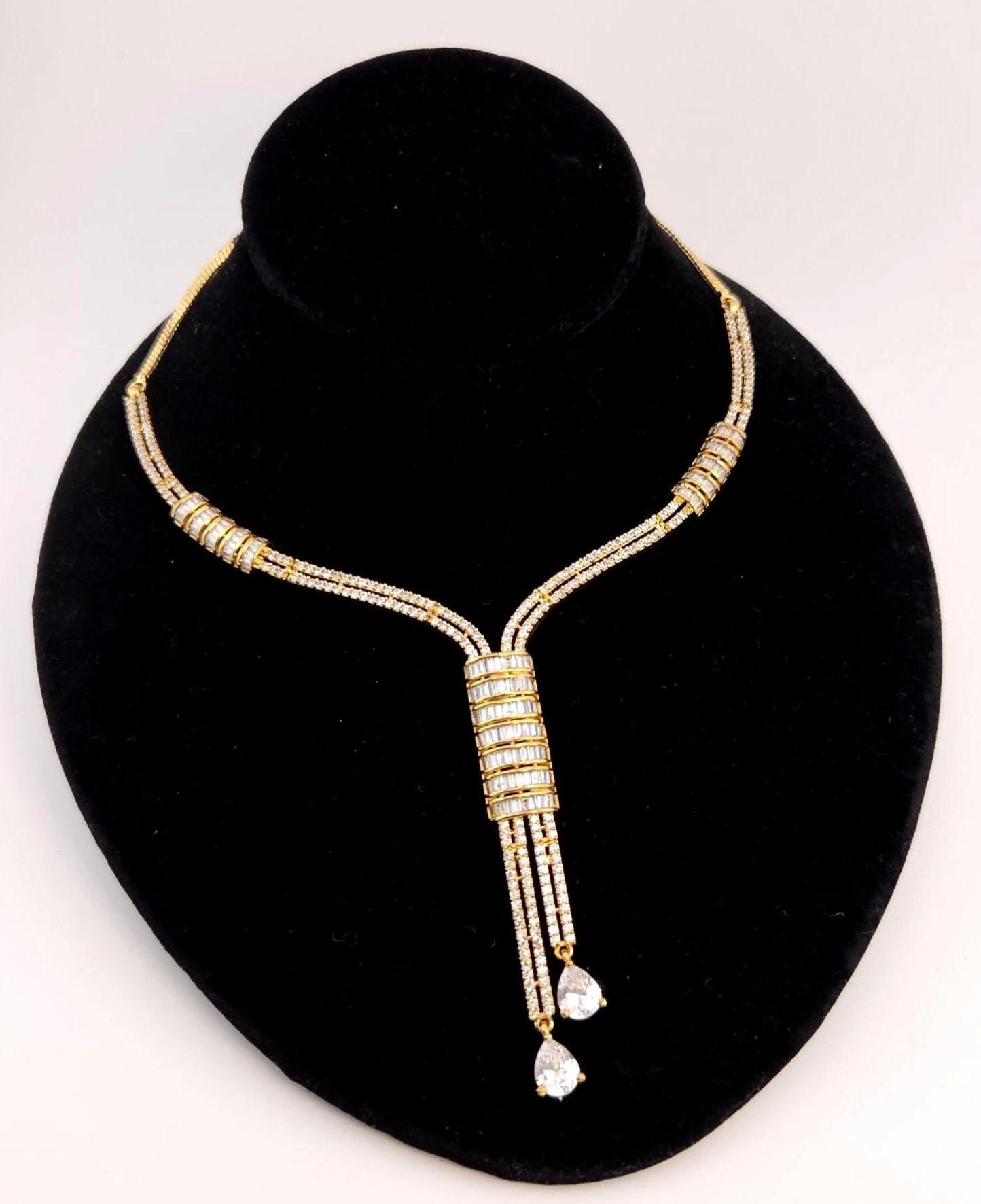 Gold Y-Drop CZ Bridal Necklace & Earrings Set – Indian Wedding Jewelry