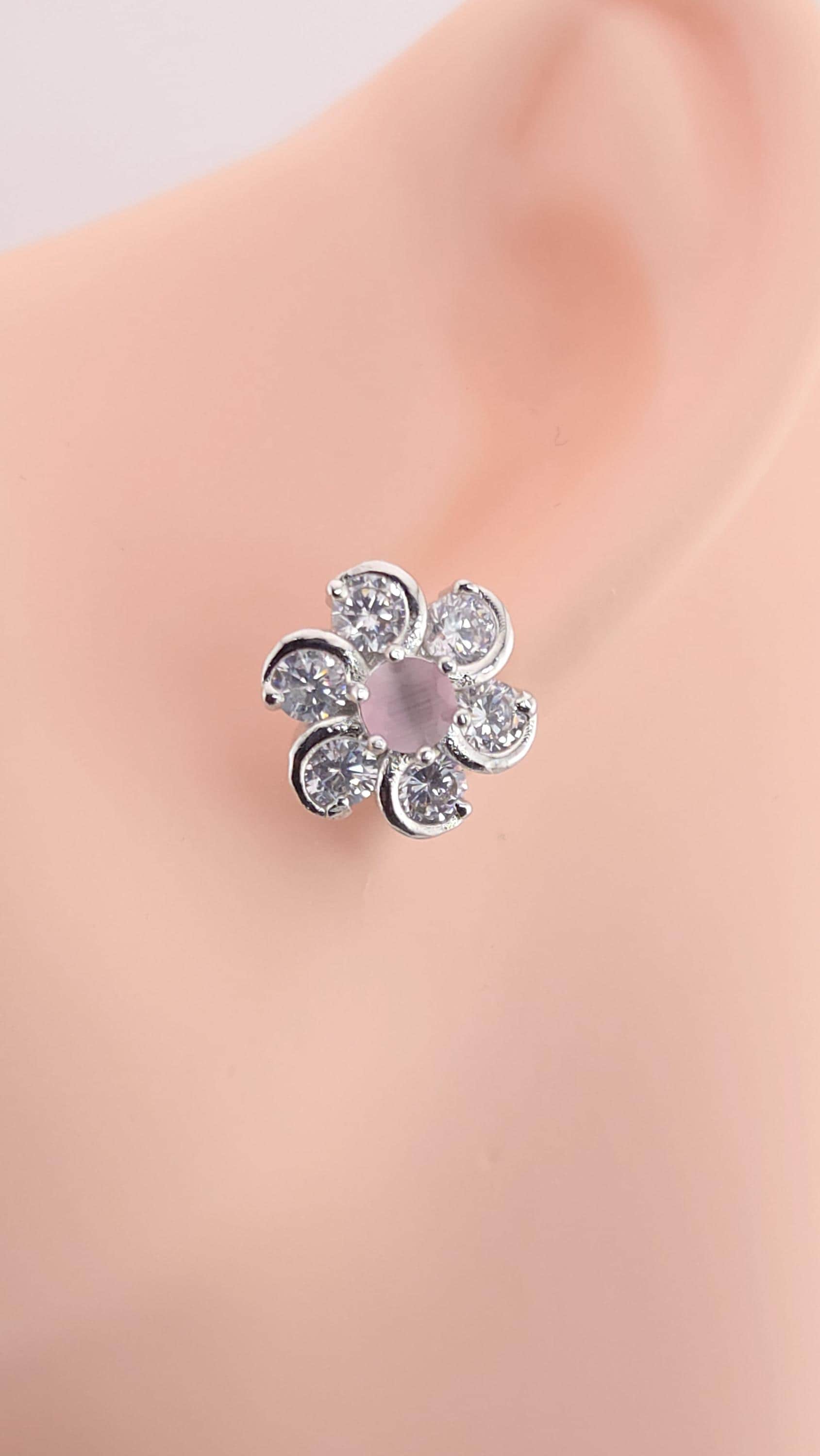 Silver Plated Floral CZ Stud Earrings – Elegant Wedding & Festive Jewelry
