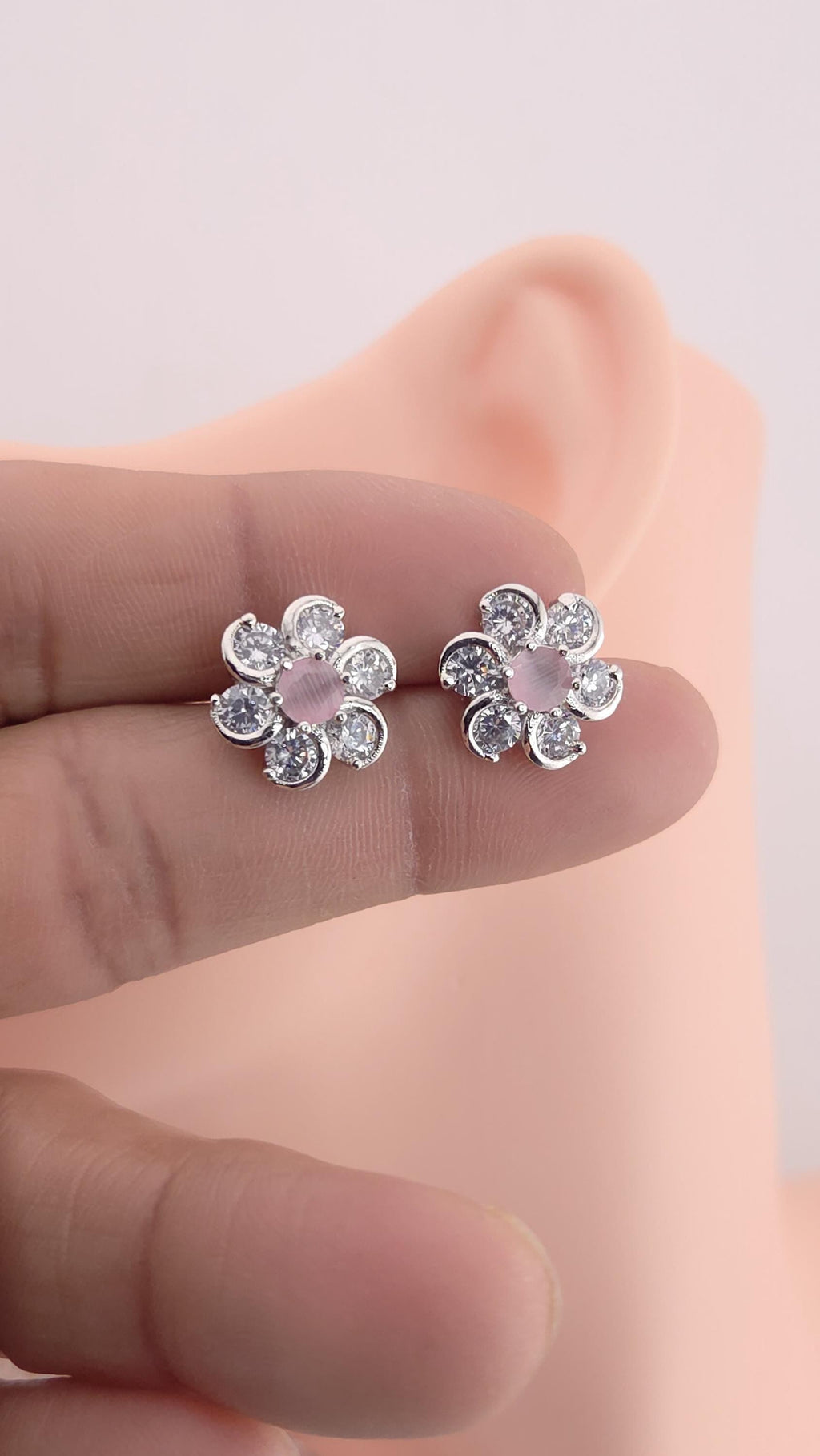 Silver Plated Floral CZ Stud Earrings – Elegant Wedding & Festive Jewelry