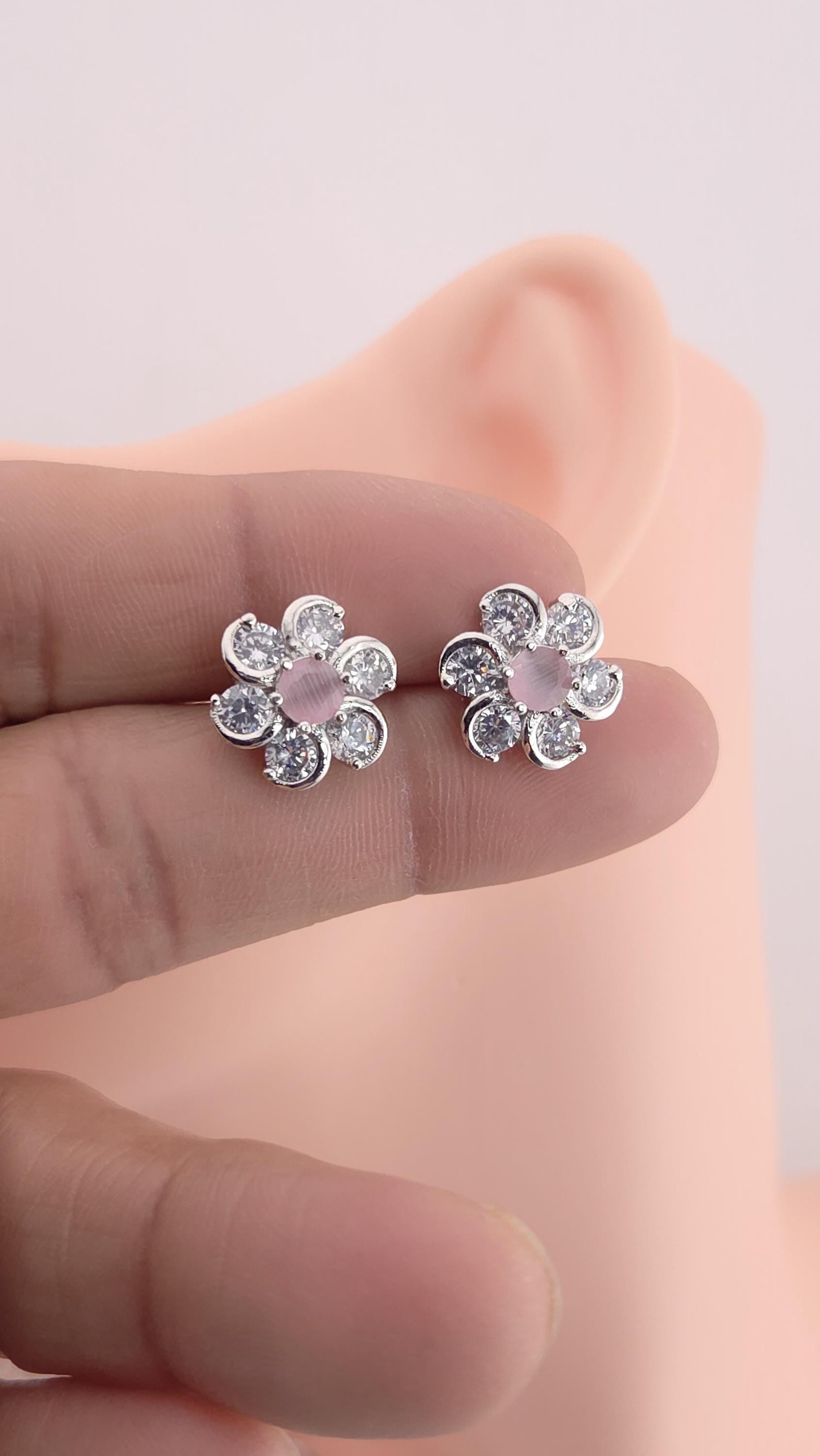 Silver Plated Floral CZ Stud Earrings – Elegant Wedding & Festive Jewelry