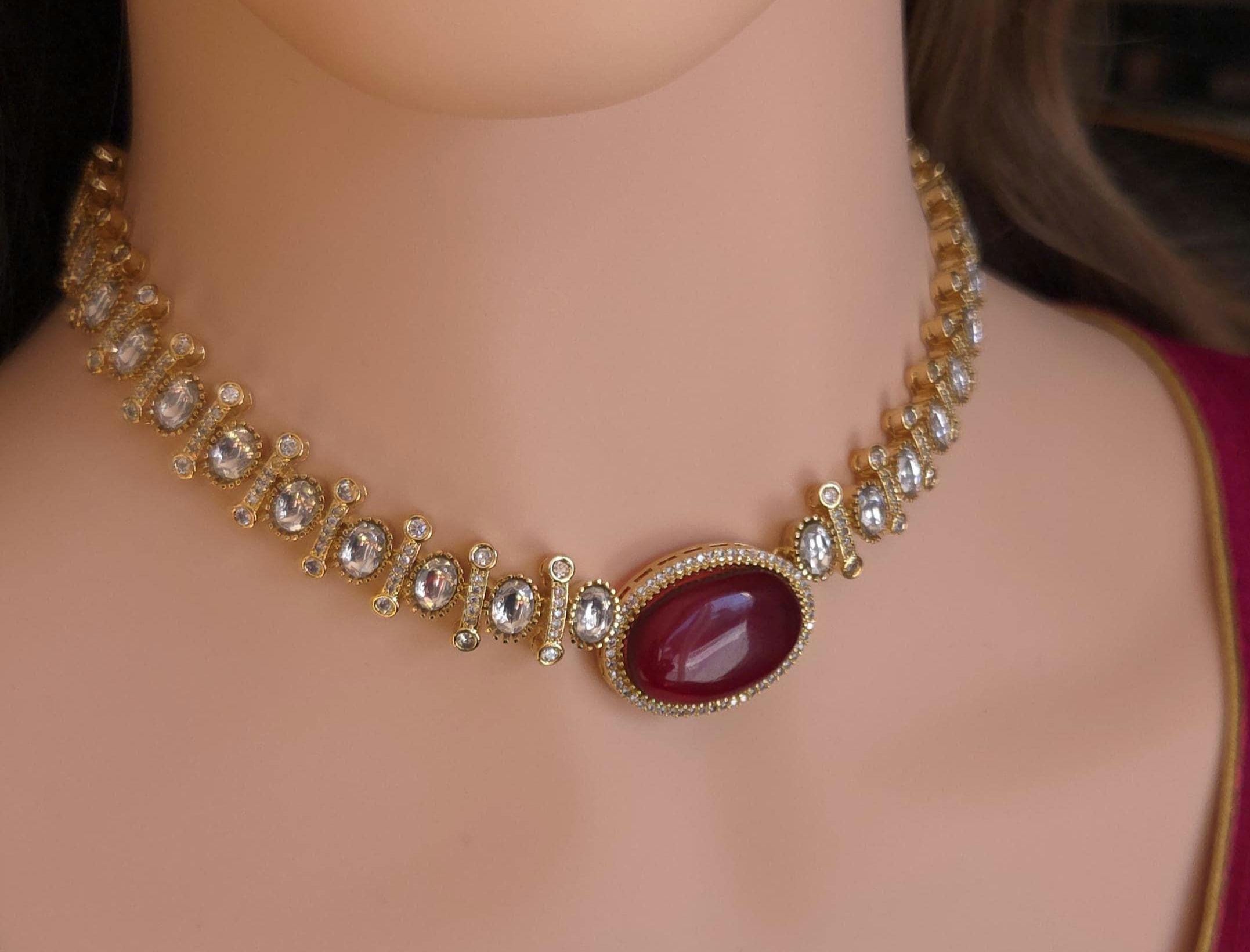 Ruby Red CZ Necklace Set | Gold Plated Statement Necklace & Stud Earrings | Wedding Jewelry