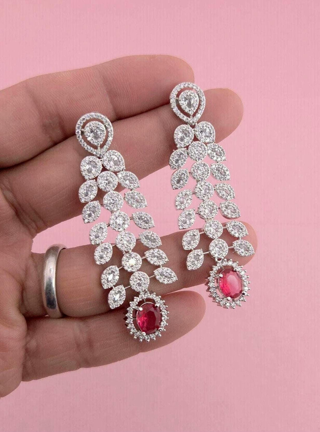 Ruby Red Bridal Necklace Set with American Diamonds – Silver Finish Wedding Jewelry