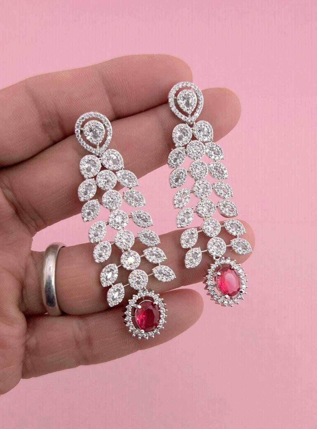 Ruby Red Bridal Necklace Set with American Diamonds – Silver Finish Wedding Jewelry