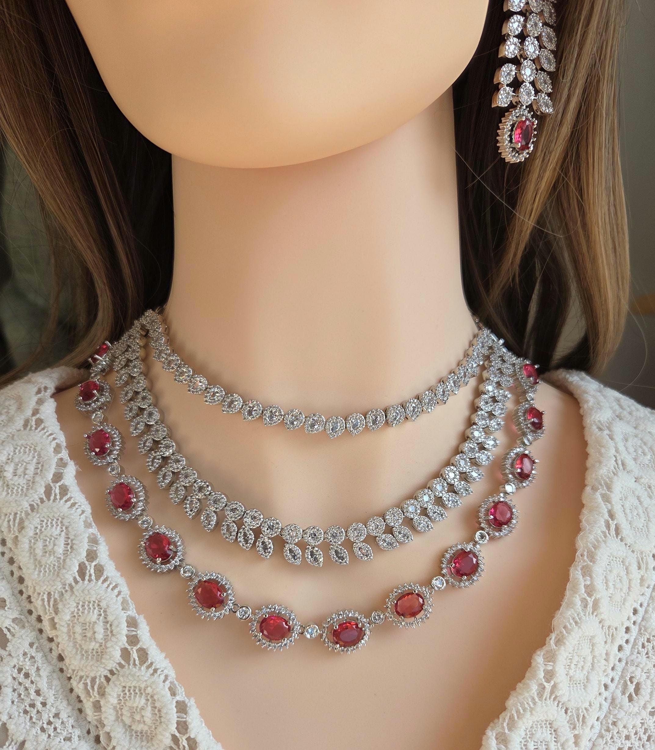 Ruby Red Bridal Necklace Set with American Diamonds – Silver Finish Wedding Jewelry