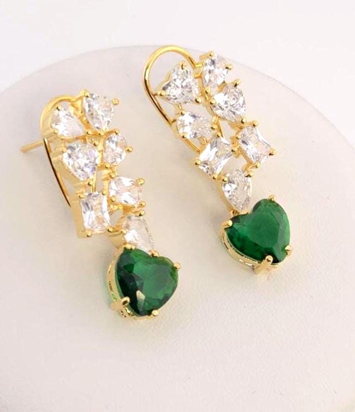Emerald Heart Choker Necklace and Earring Set • Gold CZ Bridal Jewelry