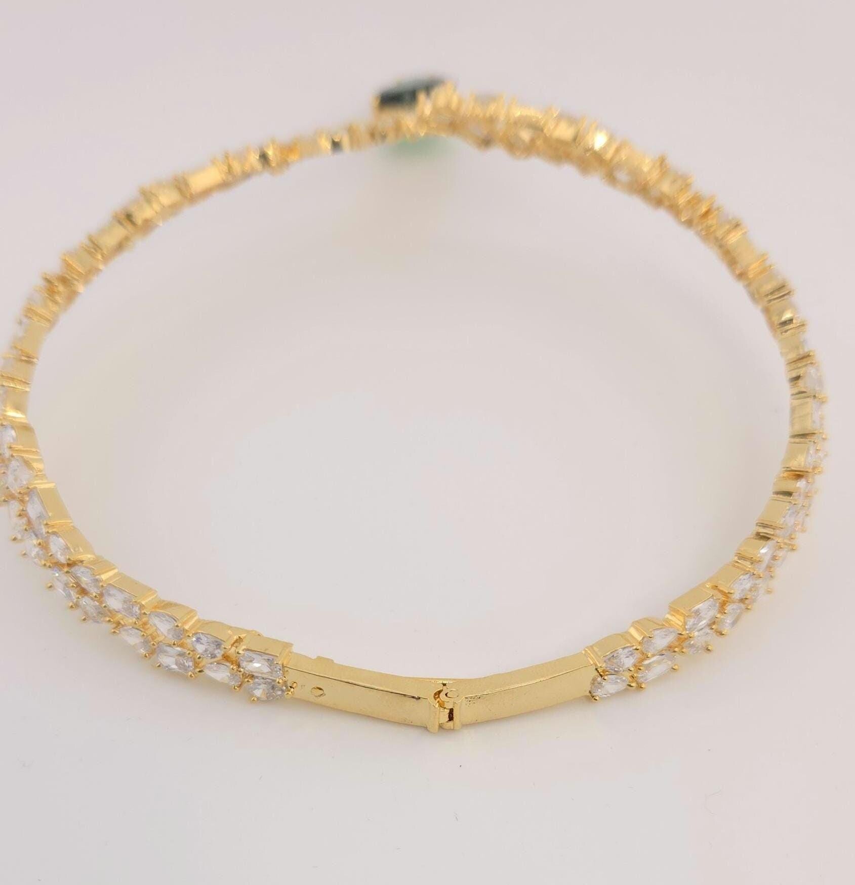 Emerald Heart Choker Necklace and Earring Set • Gold CZ Bridal Jewelry