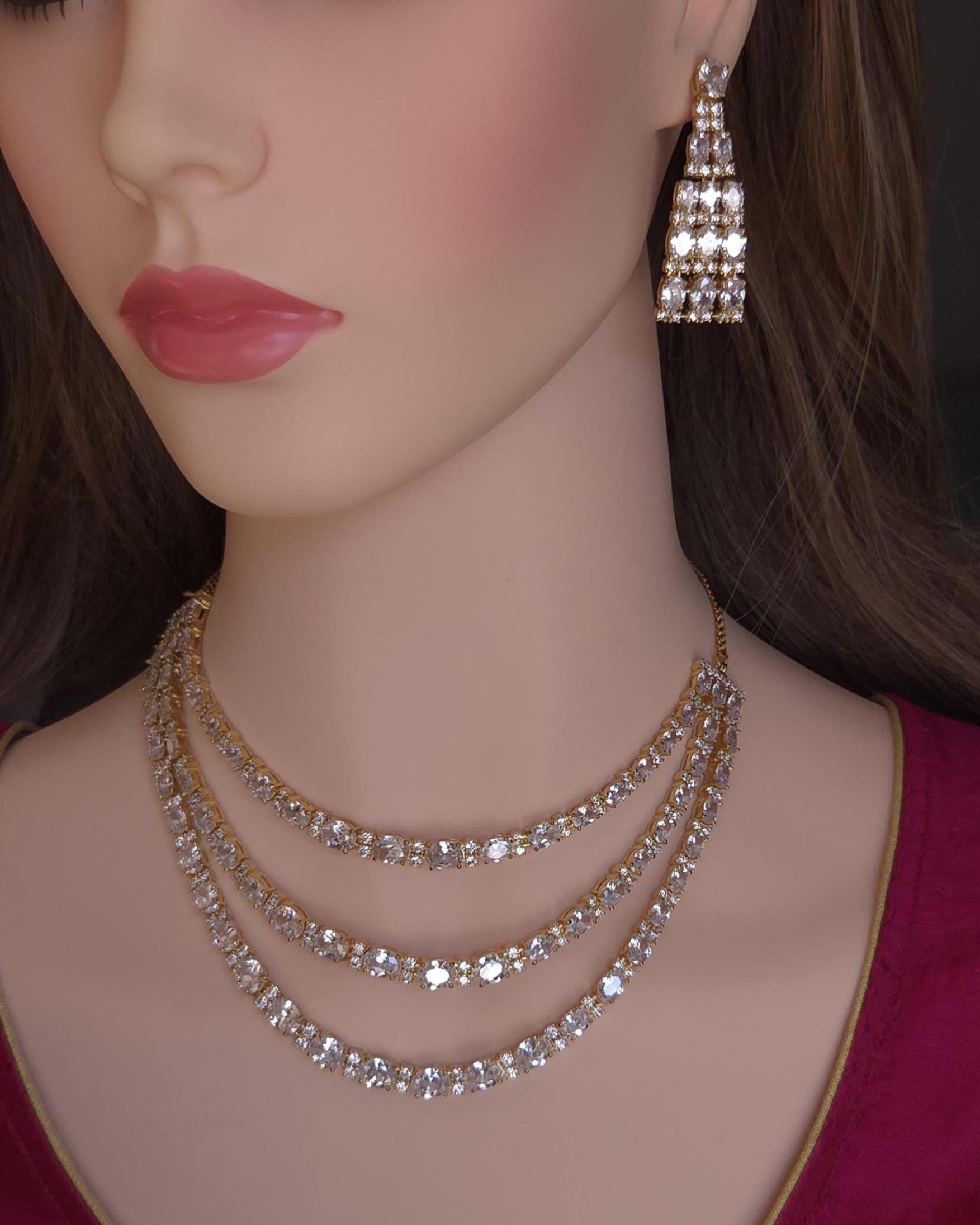 Gold Layered CZ Necklace & Earrings Set – Bridal Crystal Wedding Jewelry