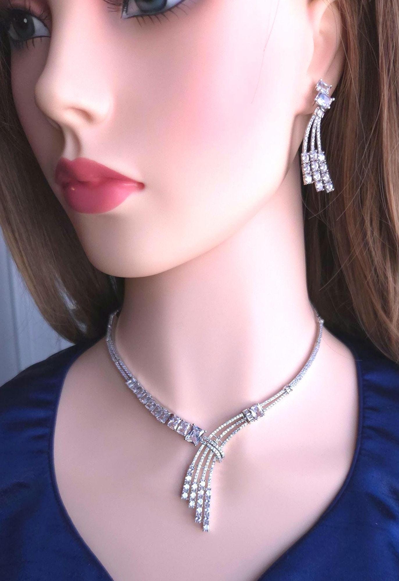 Statement CZ Y Necklace Set with Tassel Earrings | Silver Plated Bridal Jewelry