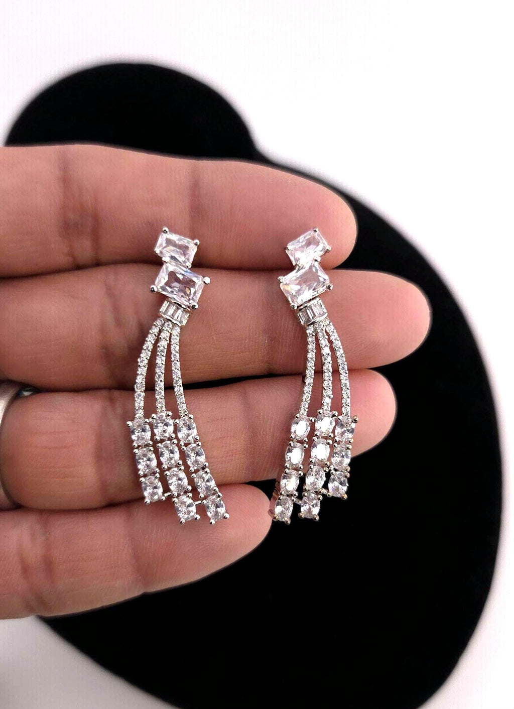 Statement CZ Y Necklace Set with Tassel Earrings | Silver Plated Bridal Jewelry
