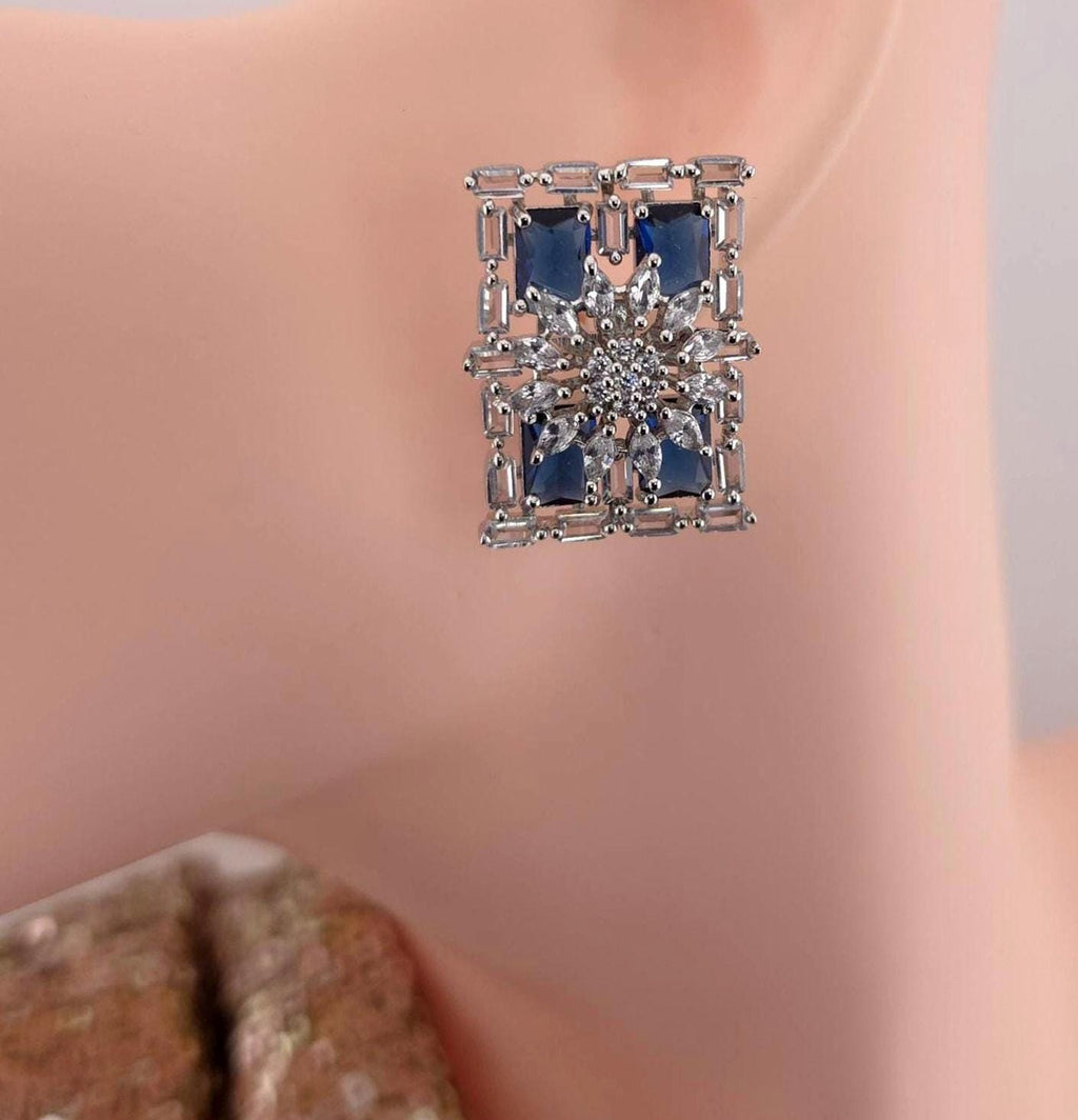 Rectangle CZ Stud Earrings – Geometric Bridal Statement, Blue, Champagne or Clear