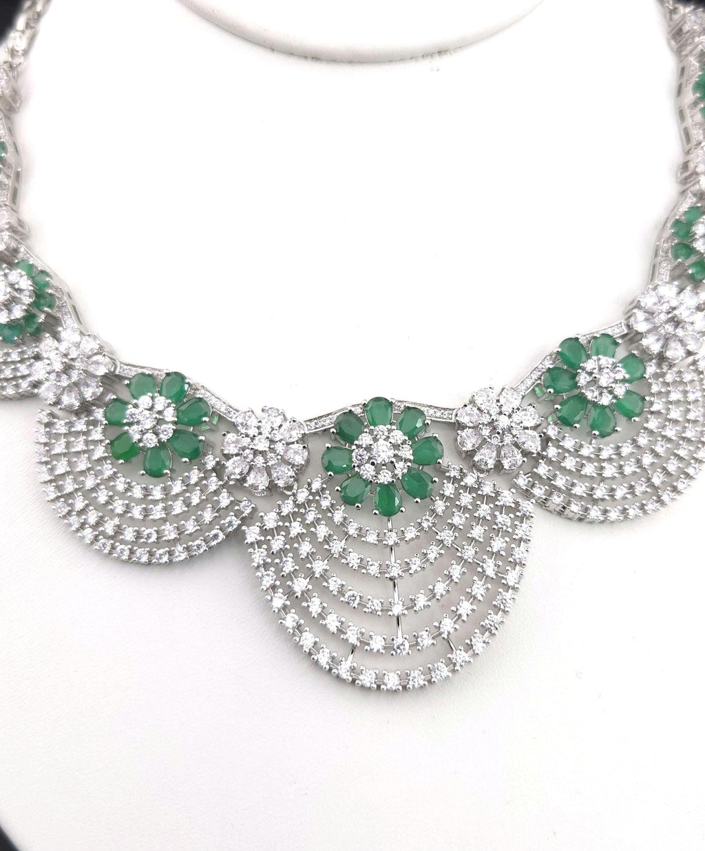 Emerald Green CZ Bridal Necklace Set | Silver Scalloped Statement Jewelry with Earrings