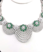 Emerald Green CZ Bridal Necklace Set | Silver Scalloped Statement Jewelry with Earrings
