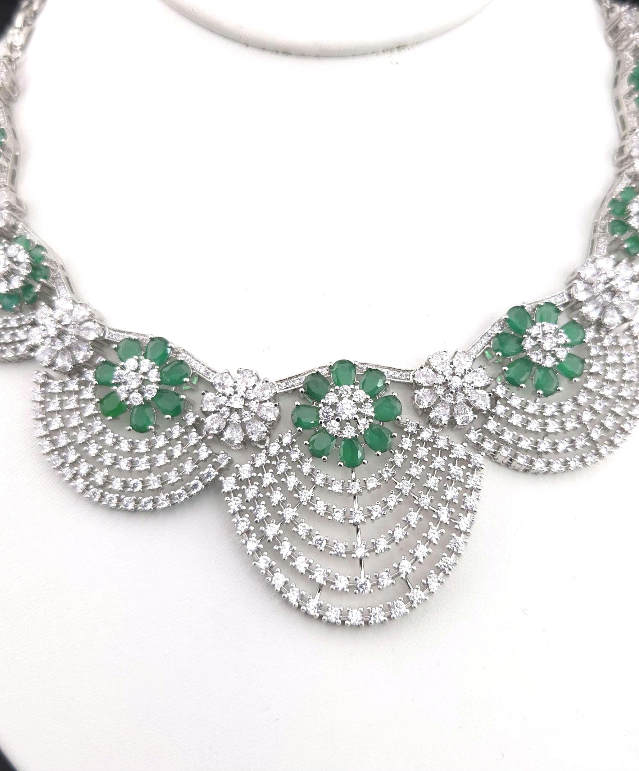 Emerald Green CZ Bridal Necklace Set | Silver Scalloped Statement Jewelry with Earrings