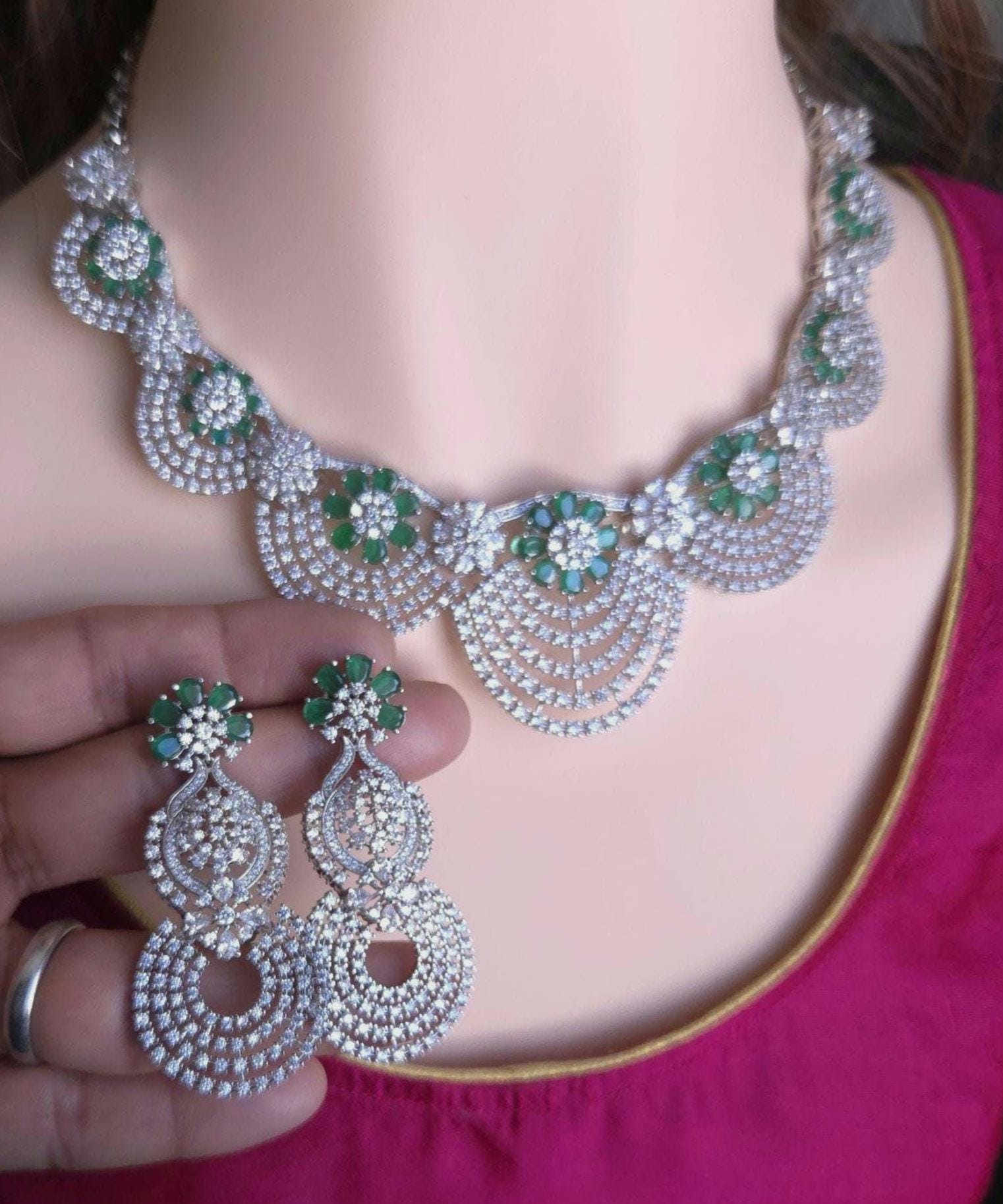 Emerald Green CZ Bridal Necklace Set | Silver Scalloped Statement Jewelry with Earrings