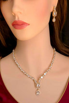 Gold Plated CZ Square & Teardrop Pendant Necklace & Earrings Set – Bridal Wedding Jewelry