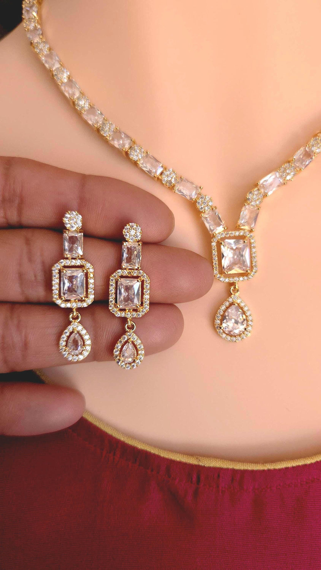 Gold Plated CZ Square & Teardrop Pendant Necklace & Earrings Set – Bridal Wedding Jewelry