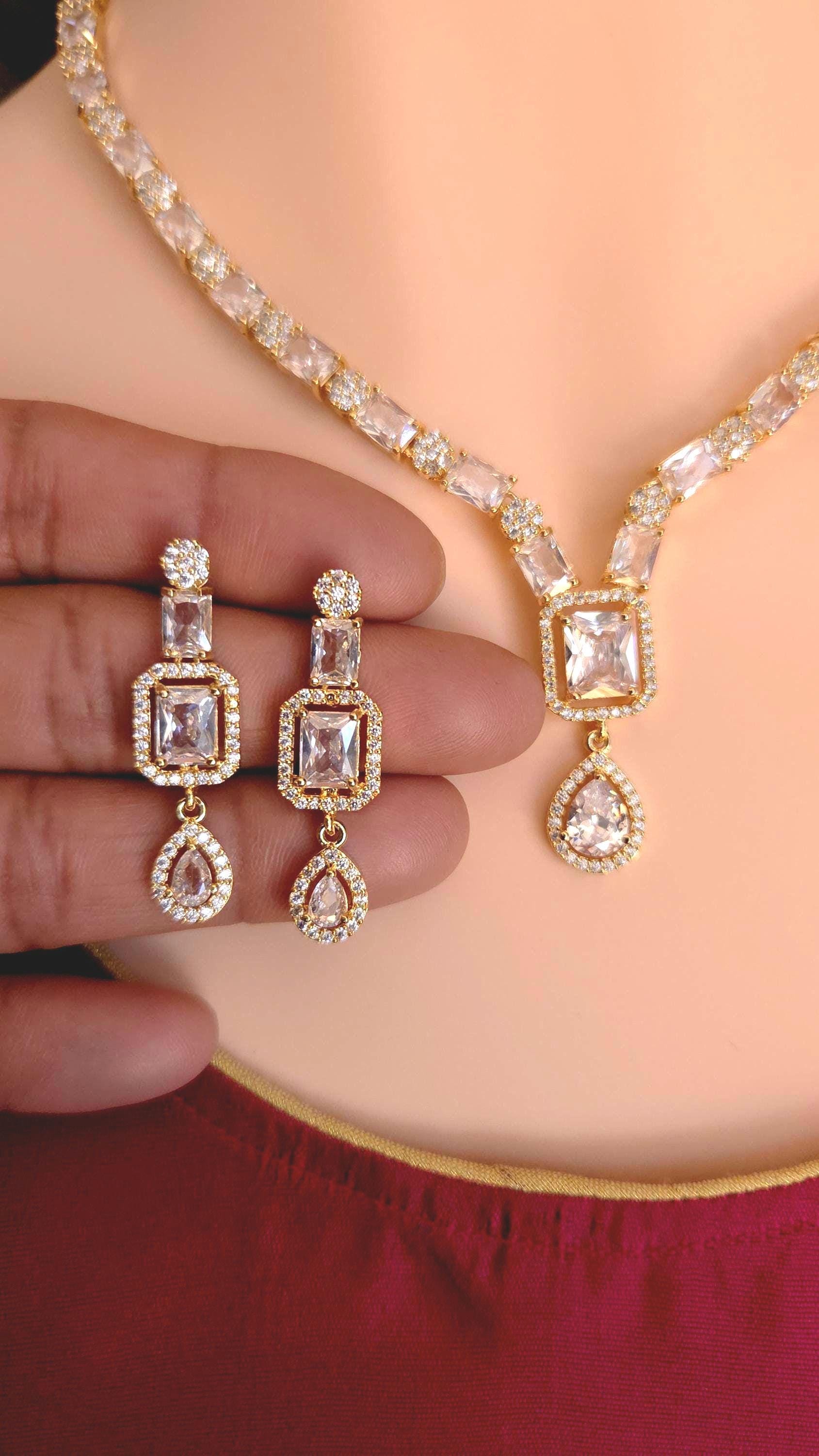 Gold Plated CZ Square & Teardrop Pendant Necklace & Earrings Set – Bridal Wedding Jewelry